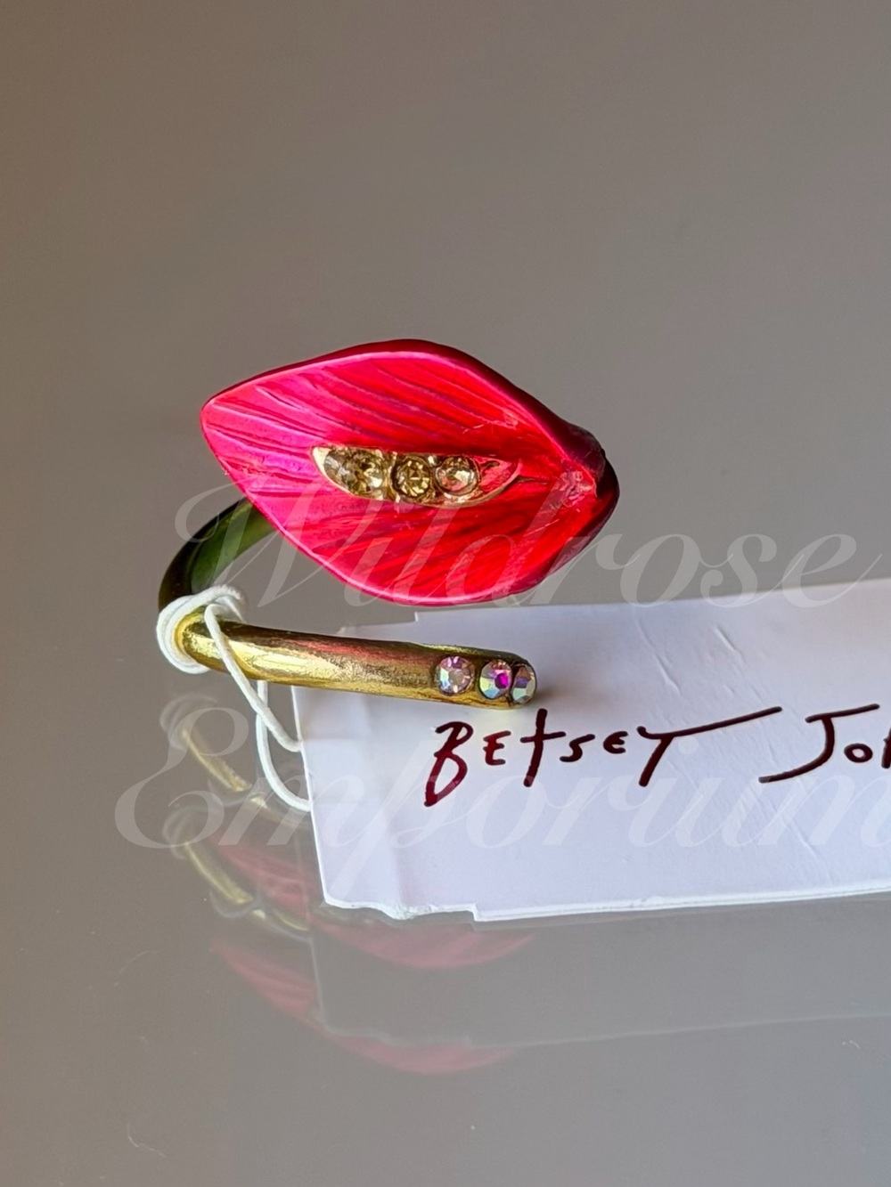 BETSEY JOHNSON Green FROG pink floral calla Lily Enamel RING jewelry